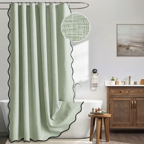 Fächerförmiger Duschvorhang In Leinenoptik Mit Haken Für Ein Sauberes Und Trockenes Badezimmer – 1 Stück, Salbeigrün, 90 X 180 Cm
