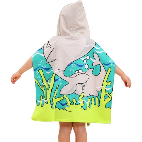 Kapuzenbadetuch Für Kinder Mit Hai-motiv, 60 X 60 Cm, Saugfähig Und Schnelltrocknend, Kann Als Bademantel/umhang/strandponcho Verwendet Werden.
