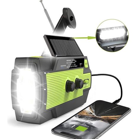 Radio – Handaufzugsradio Mit Solarbatterie Für Notfälle – Tragbares Überlebensset – 4000 Mah – Solar-powerbank – Baustellenradio – Taschenlampe – Grün