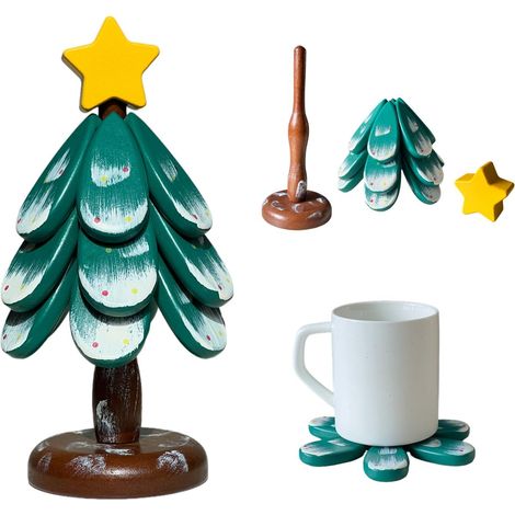 Set Aus 3 Dreieckigen, Faltbaren Untersetzern In Form Eines Weihnachtsbaums Aus Holz Für Getränke, Teller Und Pfannen. Automatisches Aufklappen. Praktischer Schutz Für Ihr Geschirr.