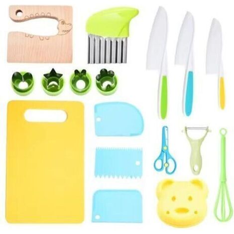 Set Mit 17 Kindermessern Und Küchenutensilien, Kindersicheres Küchenmesser Mit Ausstechformen, Holzmesser Zum Schneiden Von Obst Und Gemüse, Für Kinder Ab 2 Jahren