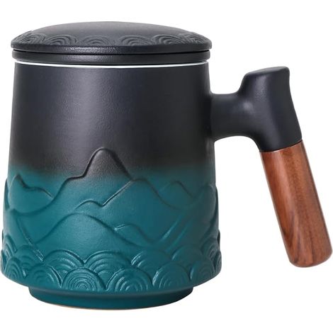Teekanne Mit Filter Und Deckel – 500 Ml Aufgussbecher, Keramiktasse Mit Holzgriff, Grün, Elegante Kräuterteetasse Für Losen Tee Oder Teebeutel