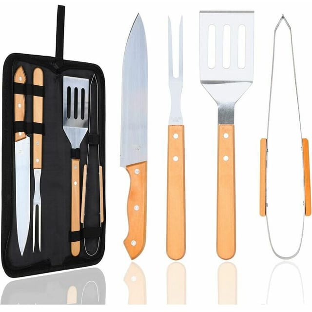 Choyclit 4-teiliges Grillbesteck, Hochwertiges Grillzubehör Aus Edelstahl Mit Holzgriff, Tragbares Grillset Mit Tasche Für Camping, Reisen, Garten, Geschenke Für Männer (4 Stück)