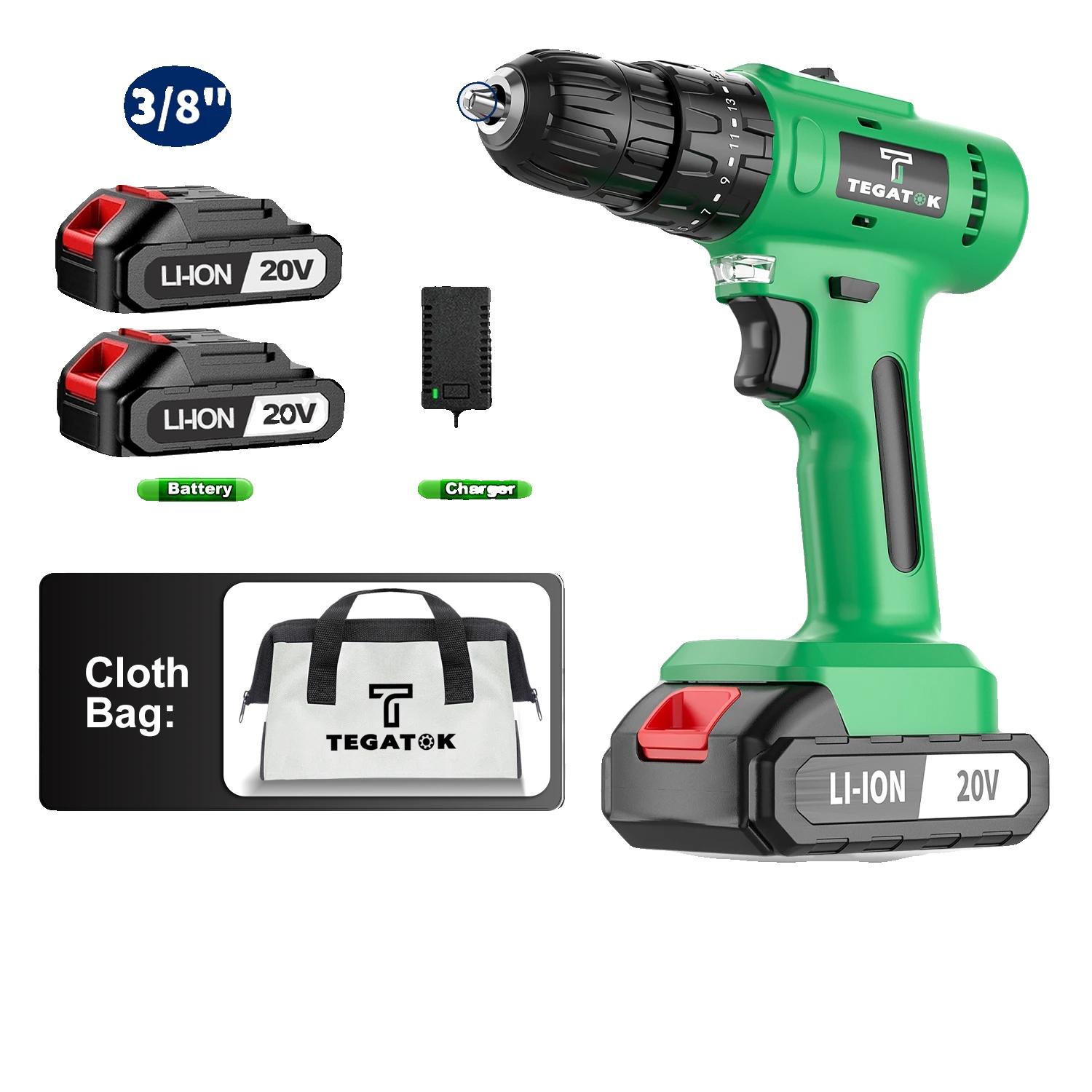 Akku-bohrmaschine, 20v Leistung, Schnellspannfutter, Zwei Batterien