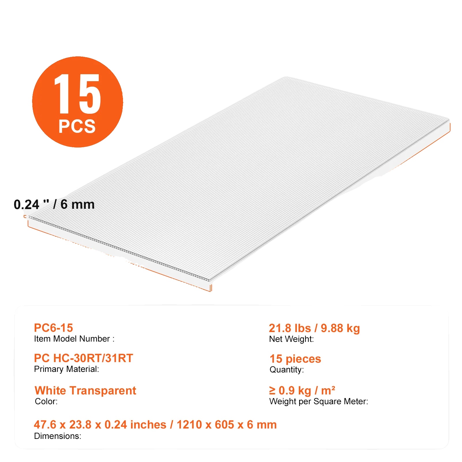 Gewächshauspaneele, Leichtes Design, Hoher Uv-schutz, 15pcs 0.24in