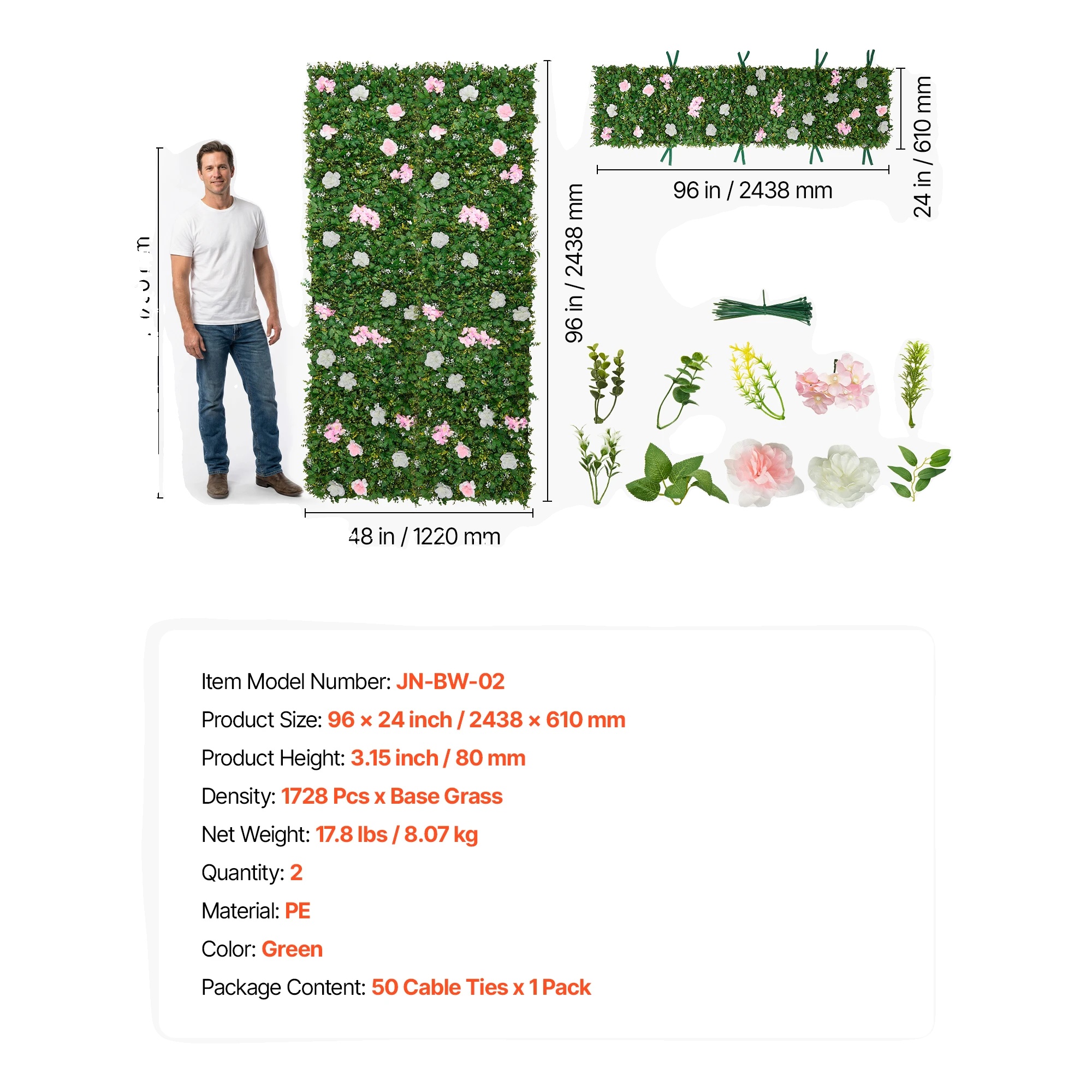 Blumenwandpaneel, Realistisches Design, Vielseitige Verwendung, 24x96in 2 Stück