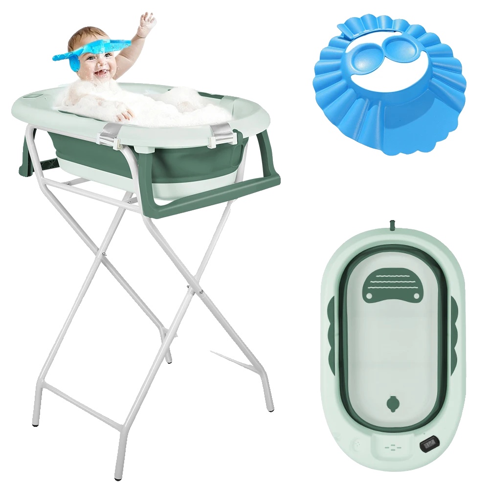 Babybadewanne, Faltbares Design, Integriertes Thermometer, Grün