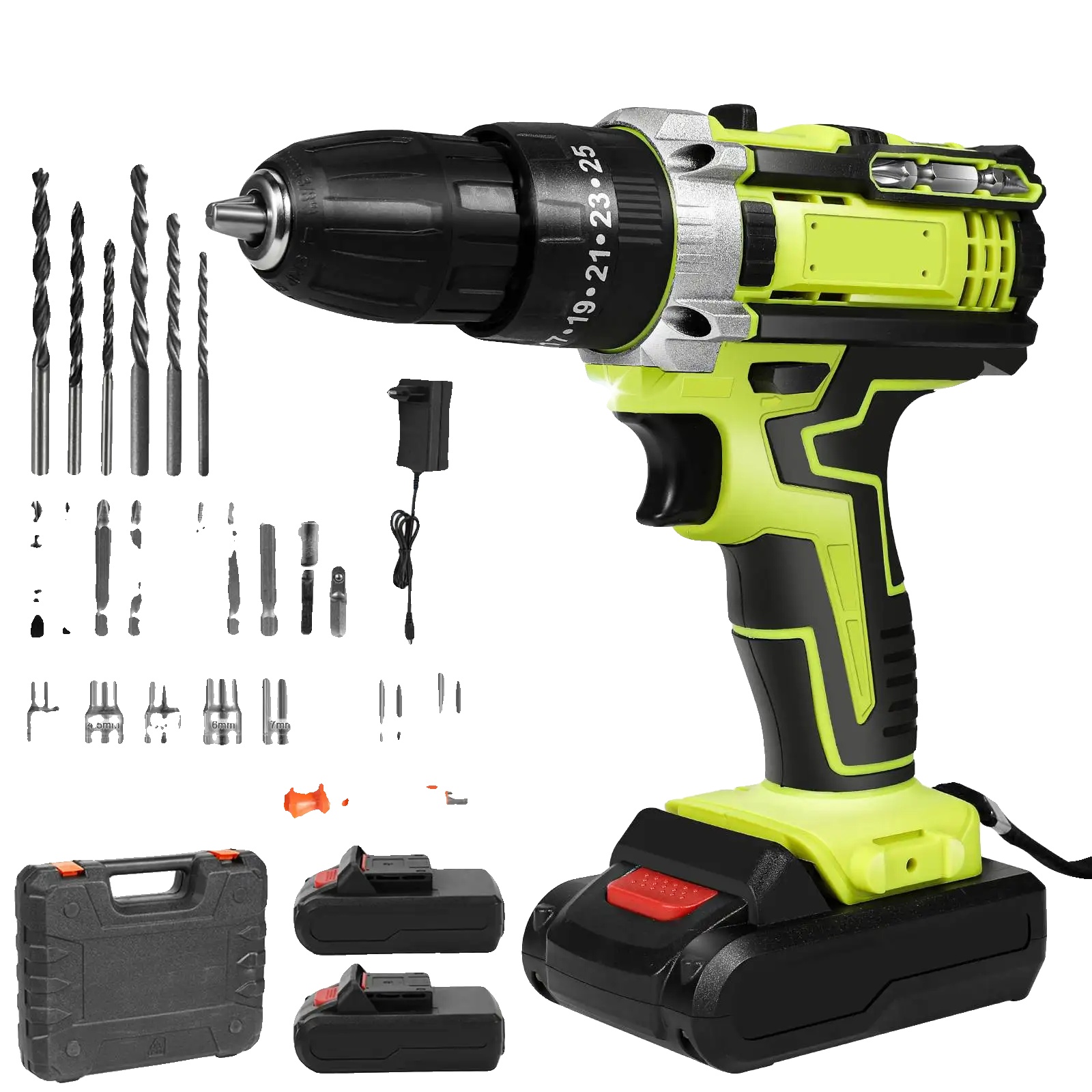 Akku-schlagbohrmaschine, Dualgeschwindigkeitsregelung, Eingebaute Arbeitsleuchte, 2 Batterie D, Eu-a