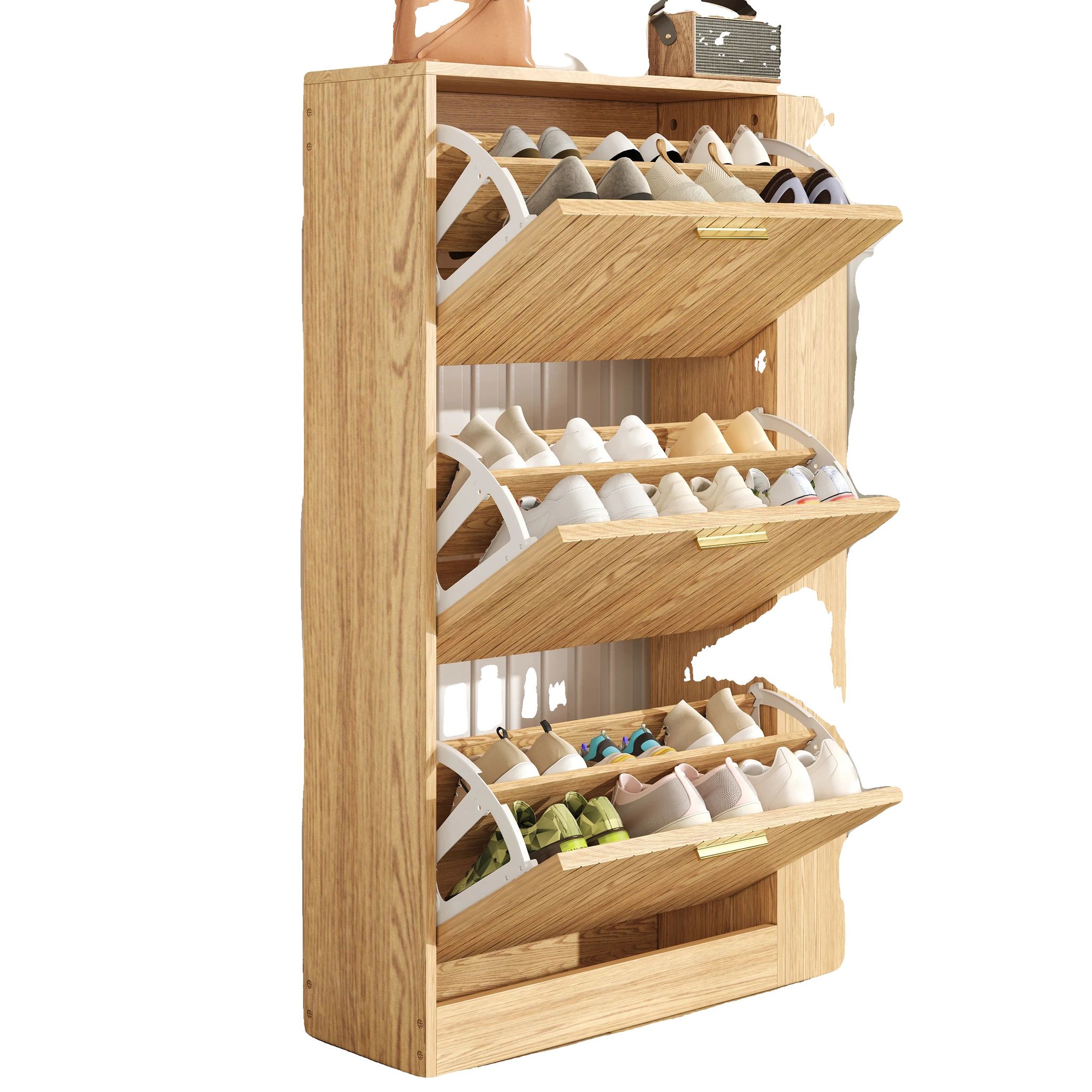 Schuhschrank, Hochwertiges Holzfurnier, 91 Cm (h) X 76 Cm (b) X 36 Cm (t), Kompatibel Mit Mehreren Schuhgrößen, Drei Staubdichte Türen, Jedes Regal
