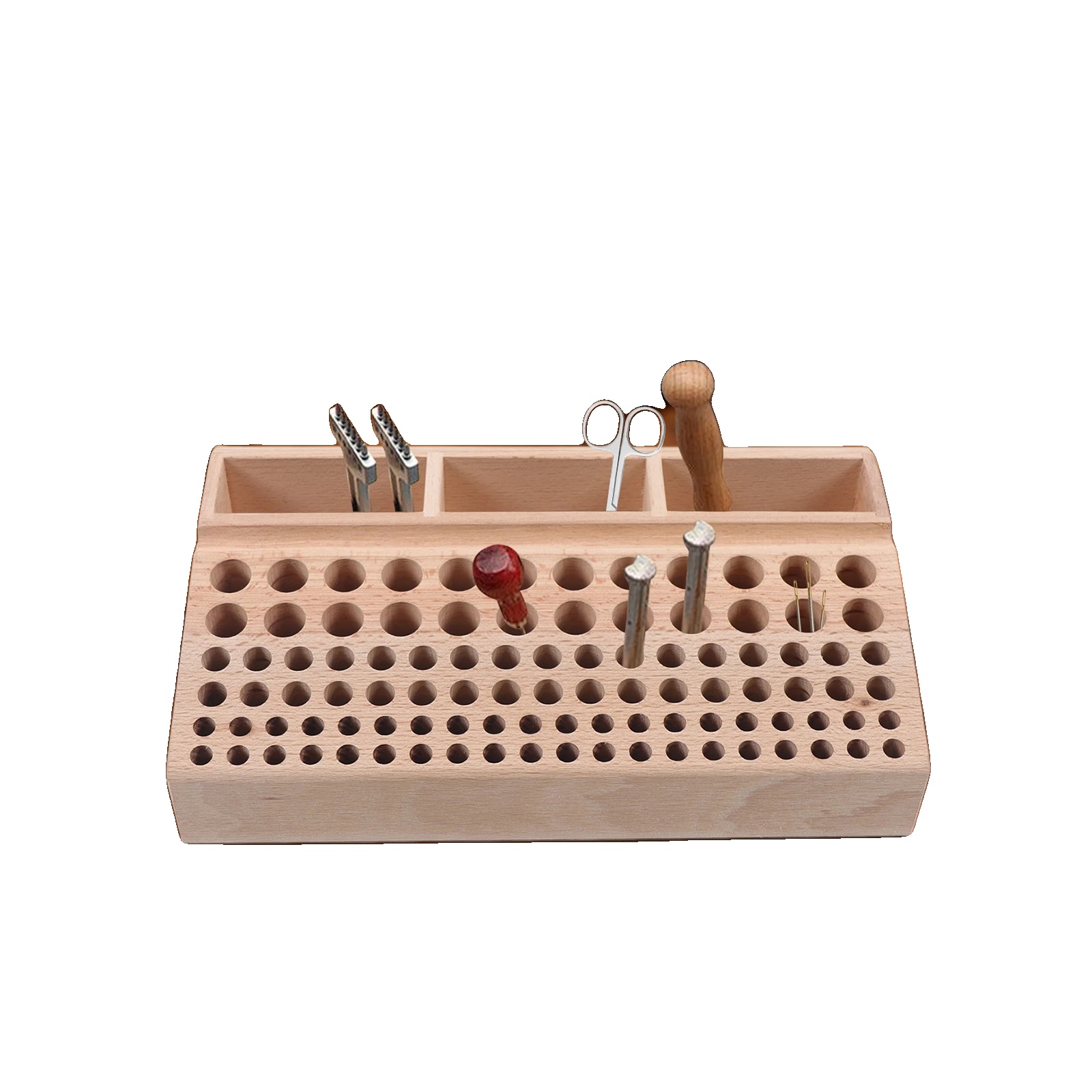 Lederhandwerks-werkzeughalter, Buchenholz, 98 Löcher, 3 Fächer, Platzsparendes Design, Elegantes Aussehen