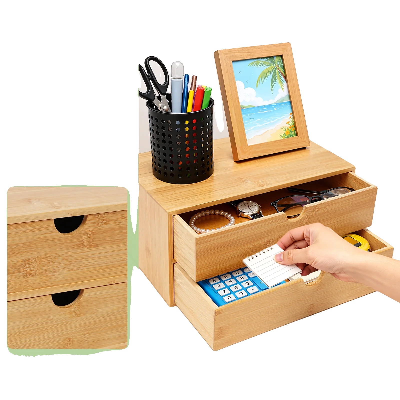 Schreibtischorganizer, Bambusmaterial, Zwei Schubladen, Abmessungen 33x19x16 Cm, Bruttogewicht 2,1 Kg, Minimalistisches Design