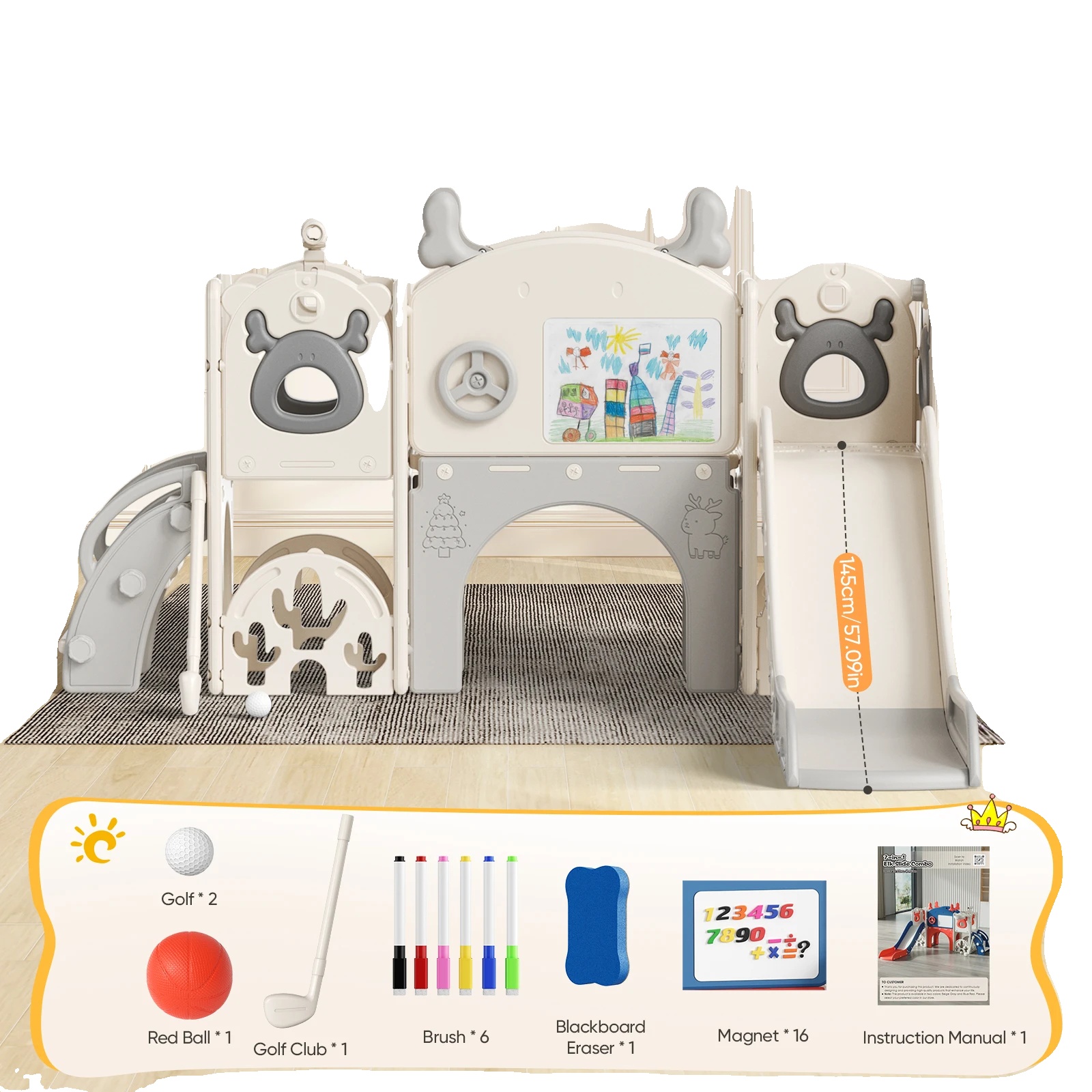 Kleinkind-rutschensatz, 7-in-1 Spielaktivitäten, Sicherer Indoor-spielplatz, Hellgrau