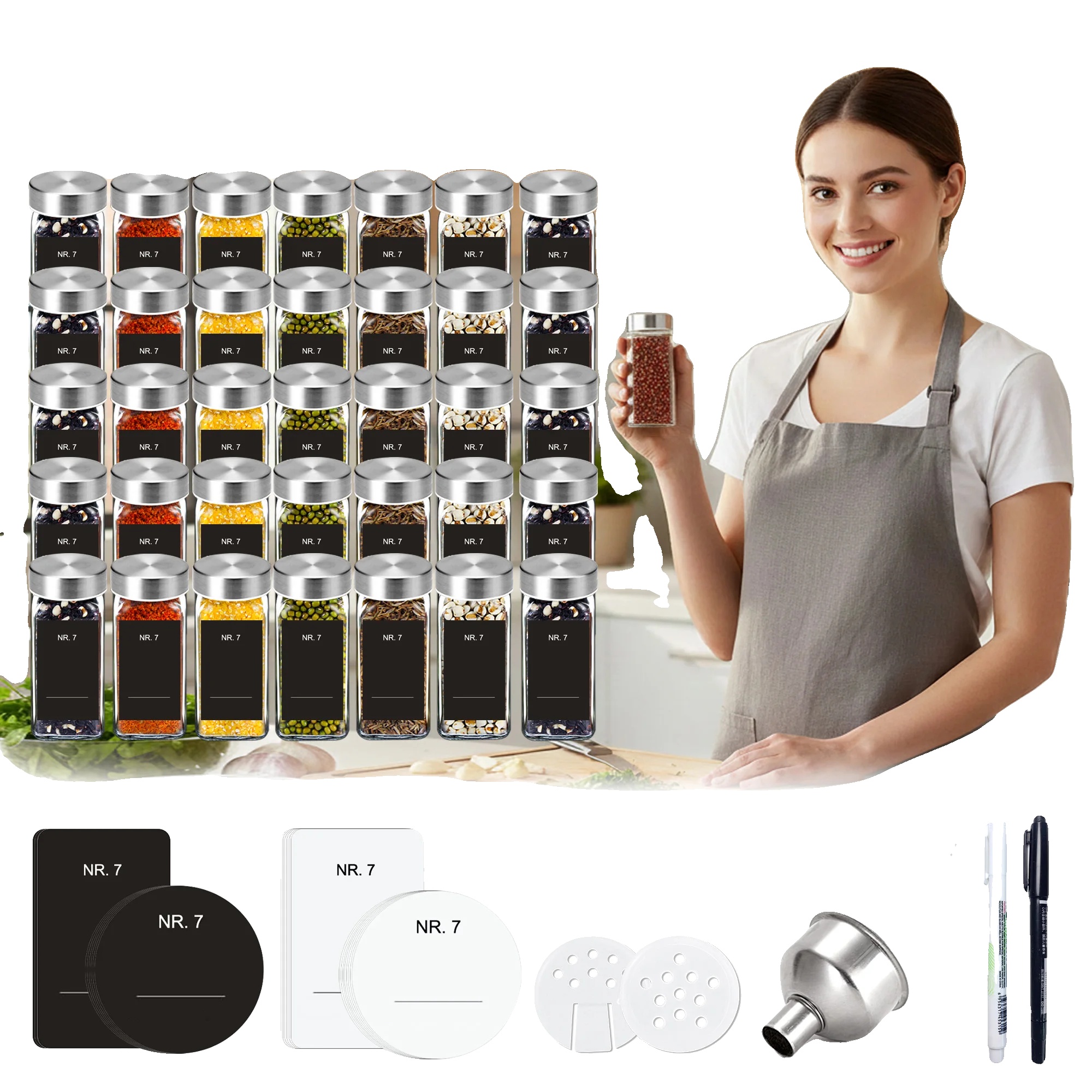 Gewürzglas-set, Luftdichtes Design, Vollständiges Zubehör, Hellgrau