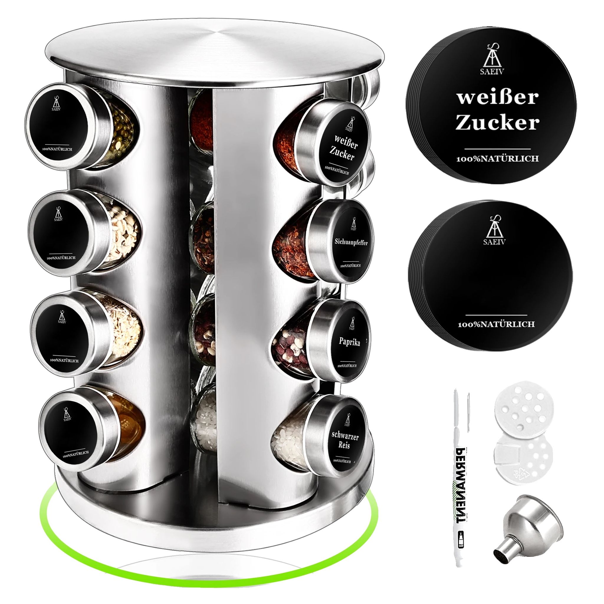 Gewürzorganizer, 360° Drehbares Design, Luftdichte Aufbewahrungsgläser, Hellgrau