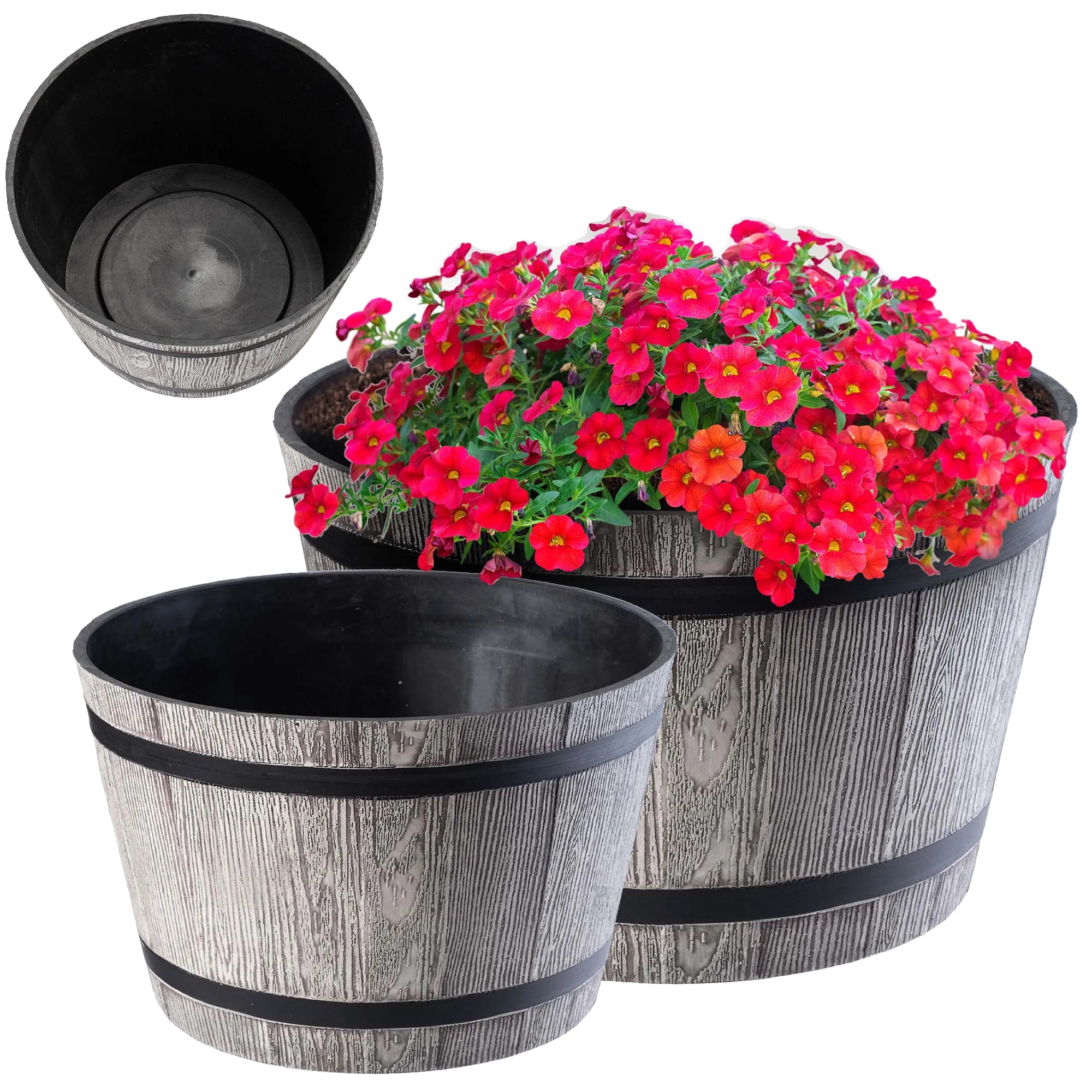 Blumentopf, Fassförmig, Frostbeständiges Design, Hellgrau-a, Mittel-a