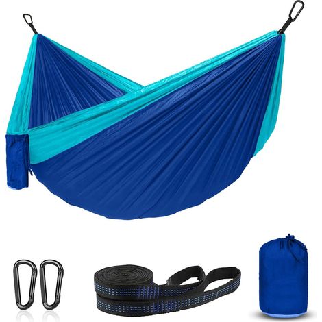 Tragbare Camping-hängematte Aus 210d Nylon (300 X 200 Cm) – Einzel- Oder Doppelmodell – Ideal Zum Wandern, Reisen, Trekking, Für Garten Und Terrasse – Himmelblau