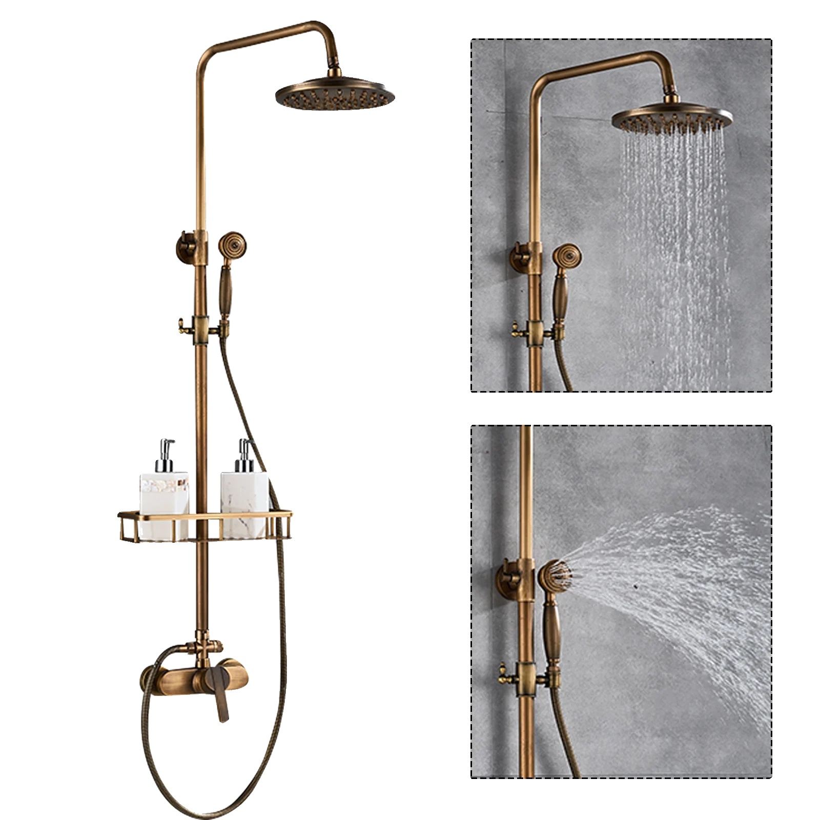 Duschset, Messingmaterial, Verstellbare Wasserhahnhöhe 75-120 Cm, Handbrause Enthalten, Doppelte Duschoptionen, 8-zoll-duschkopf
