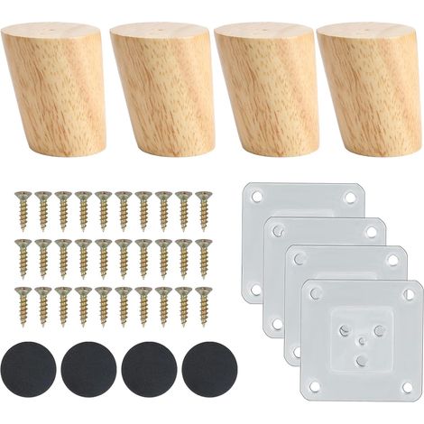 Set Aus 4 Holzmöbelfüßen, 6 Cm, Mit Befestigungsplatte, Schrauben Und Antirutschpad, Neigbare Füße Für Sofa, Bett, Kleiderschrank, Tische Und Stühle.