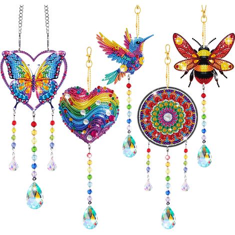 Set Mit 5 Diy-patchwork-windspielen – Kolibri-, Schmetterlings- Und Herzmotive Mit Perlenbasen Zur Dekoration Von Türen Und Fenstern