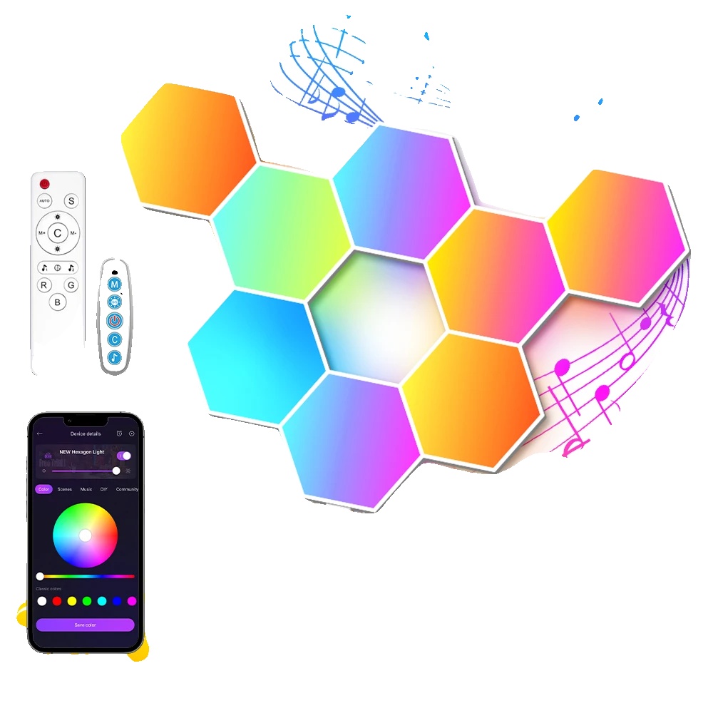 Hexagon Led-wandlichter, Musik-synchronisation, App- Und Fernbedienung, Led-hexagonlicht 8 Stück
