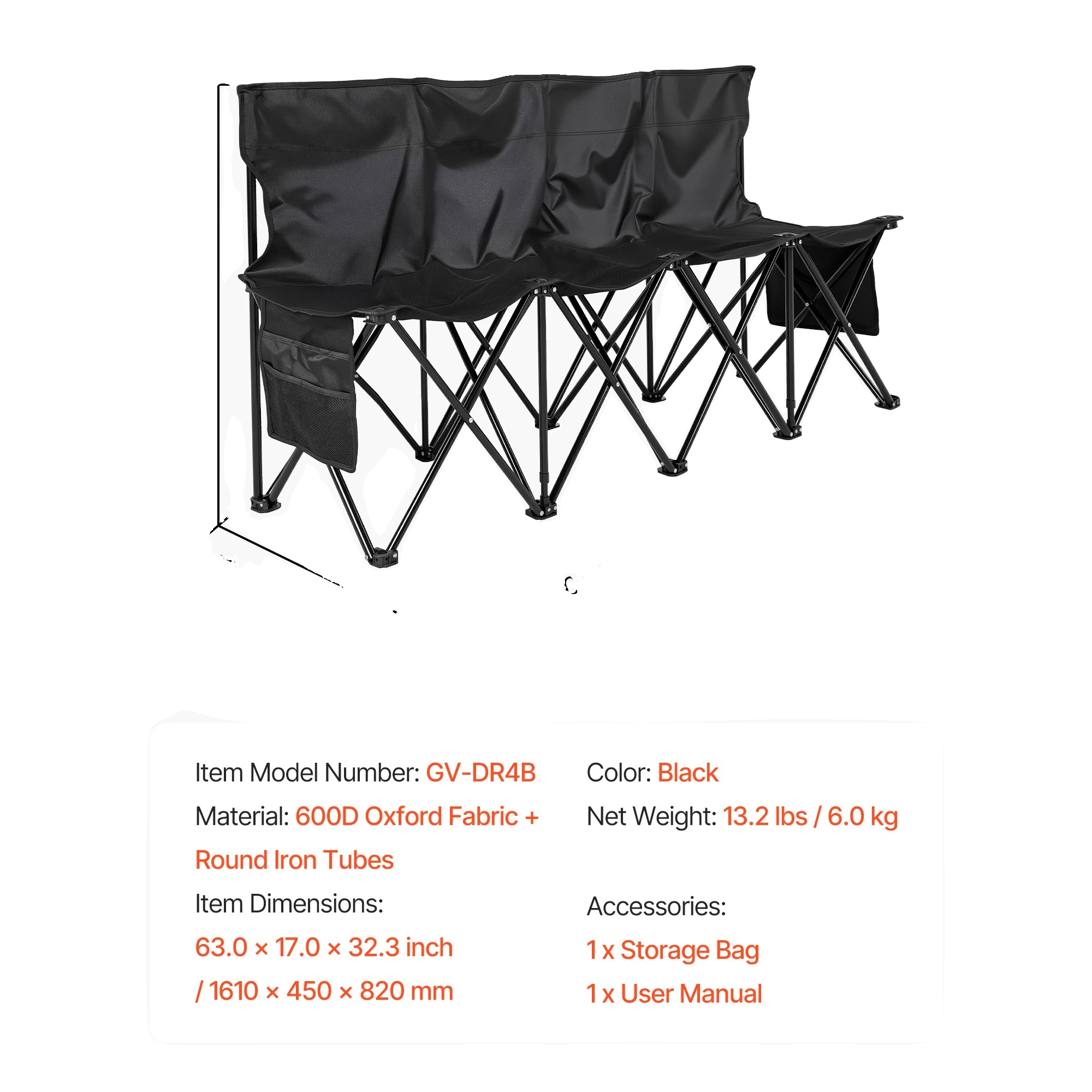 Tragbare Klappbank, Leichtes Design, Einfacher Transport, 4sitz Schwarz