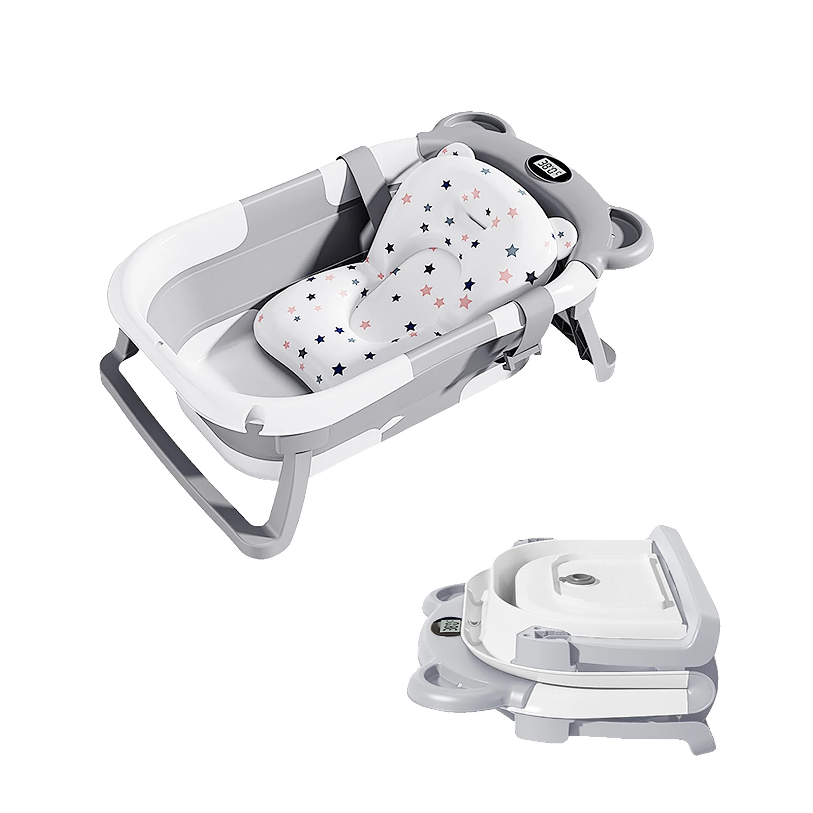 Babybadewanne, Integriertes Thermometer, Rutschfeste Polsterung, Grau