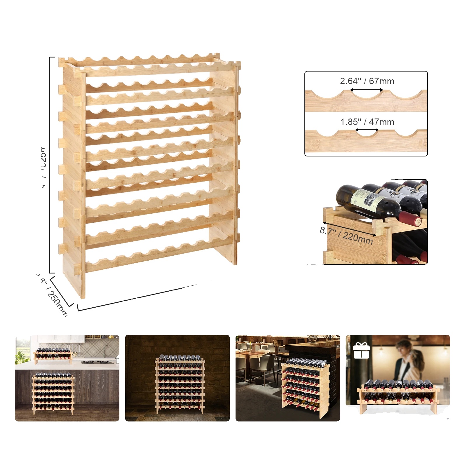 Weinregal, Bambusmaterial, Stapelbares Design, 72 Flaschen