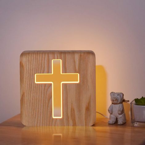 Nachttischlampe In Kreuzform Aus Holz – Optisches Stereo-led-nachtlicht Mit Jesuskreuz – Personalisierte Schlafzimmerdekoration