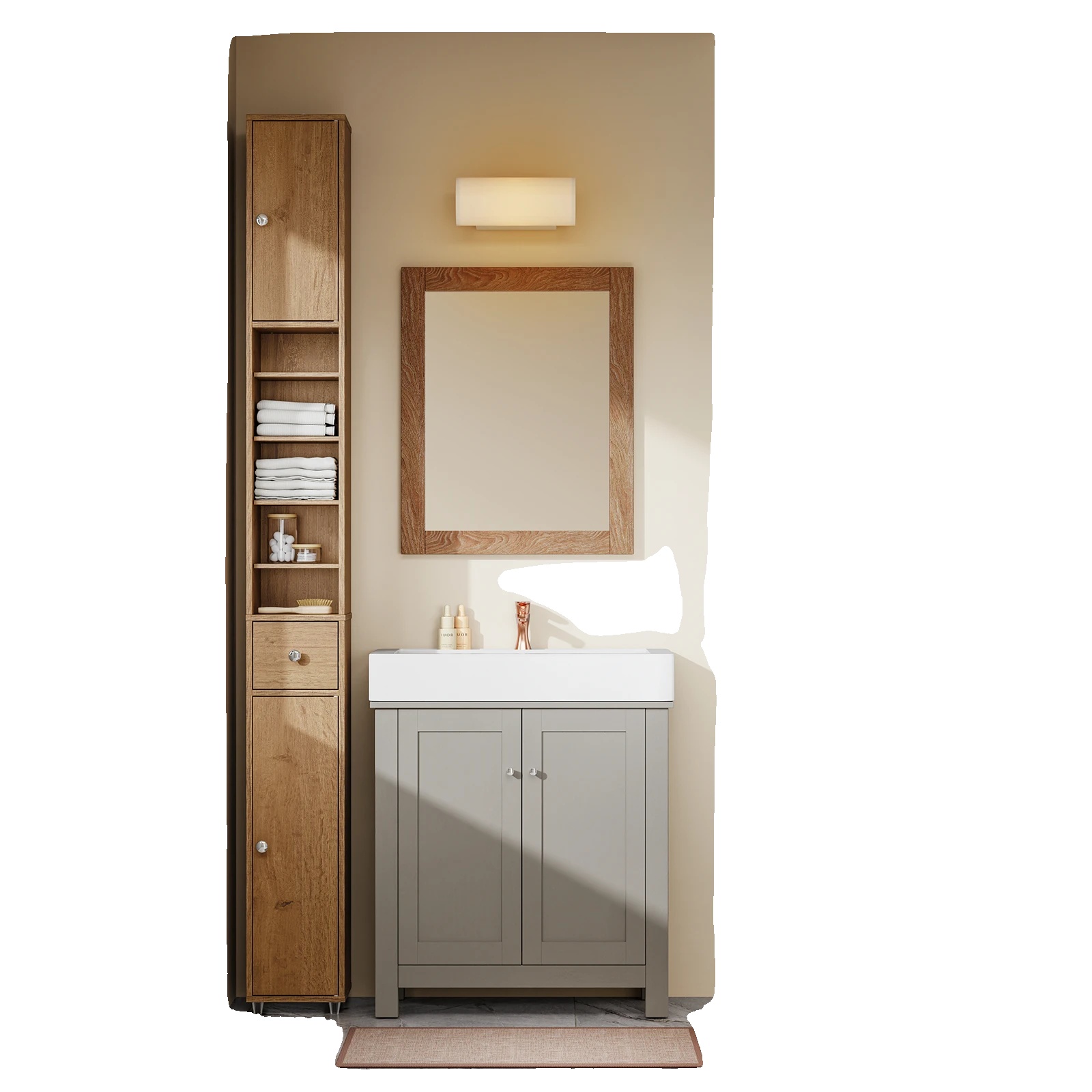Badezimmerschrank, Platzsparendes Design, Verstellbare Regale, Holzfarbe