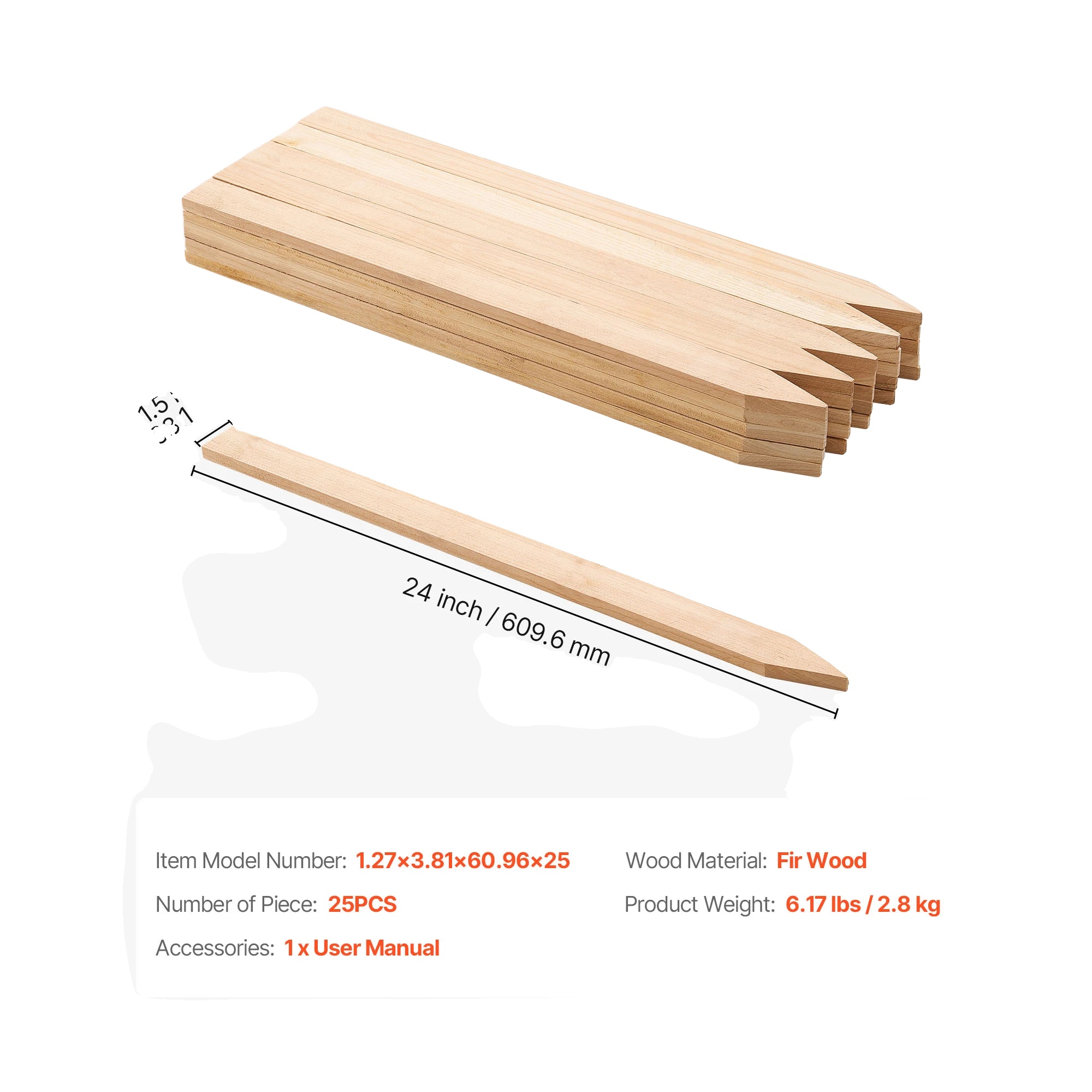 Gartenstecker, Langlebiges Fichtenholz, Vielseitige Anwendungen, 0.5x1.5x24in 25stück