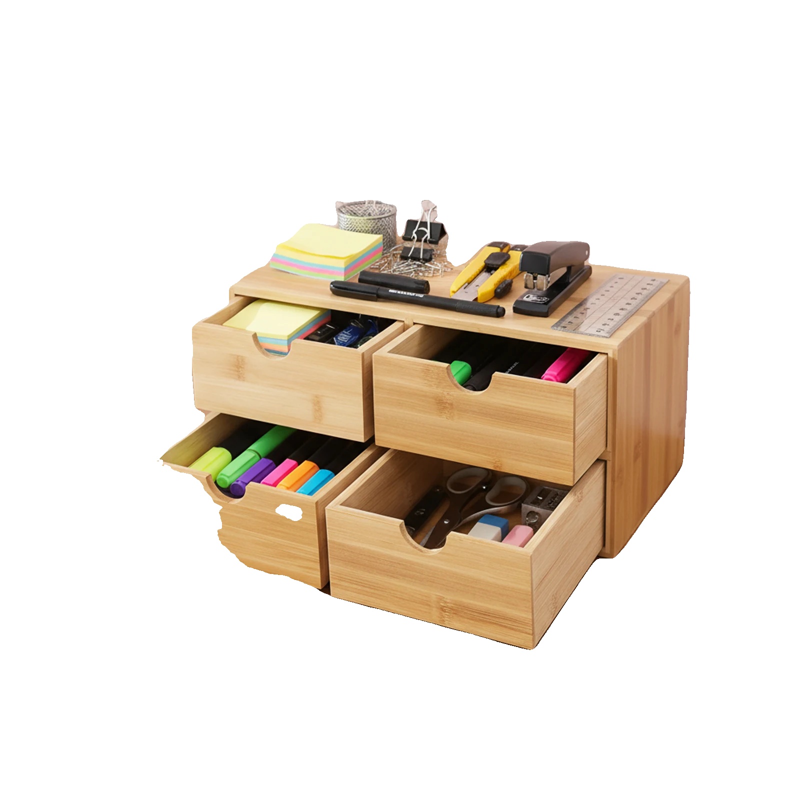 Bambus Schreibtischorganizer, 4-stufige Aufbewahrung, Minimalistisches Design, Kompakte Größe, Natürliche Holzoberfläche, 4 Geräumige Schubladen