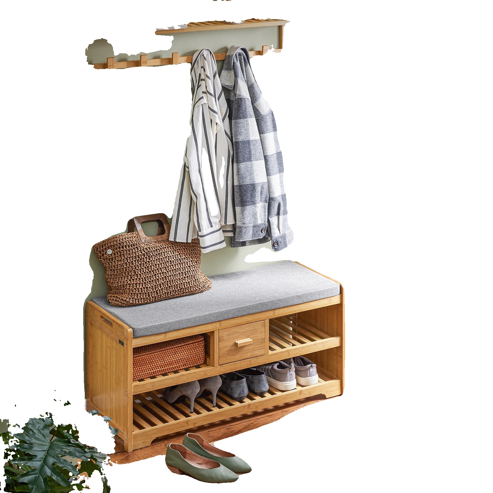 Schuhbank, 2 Regale, Abnehmbares Kissen, Natur
