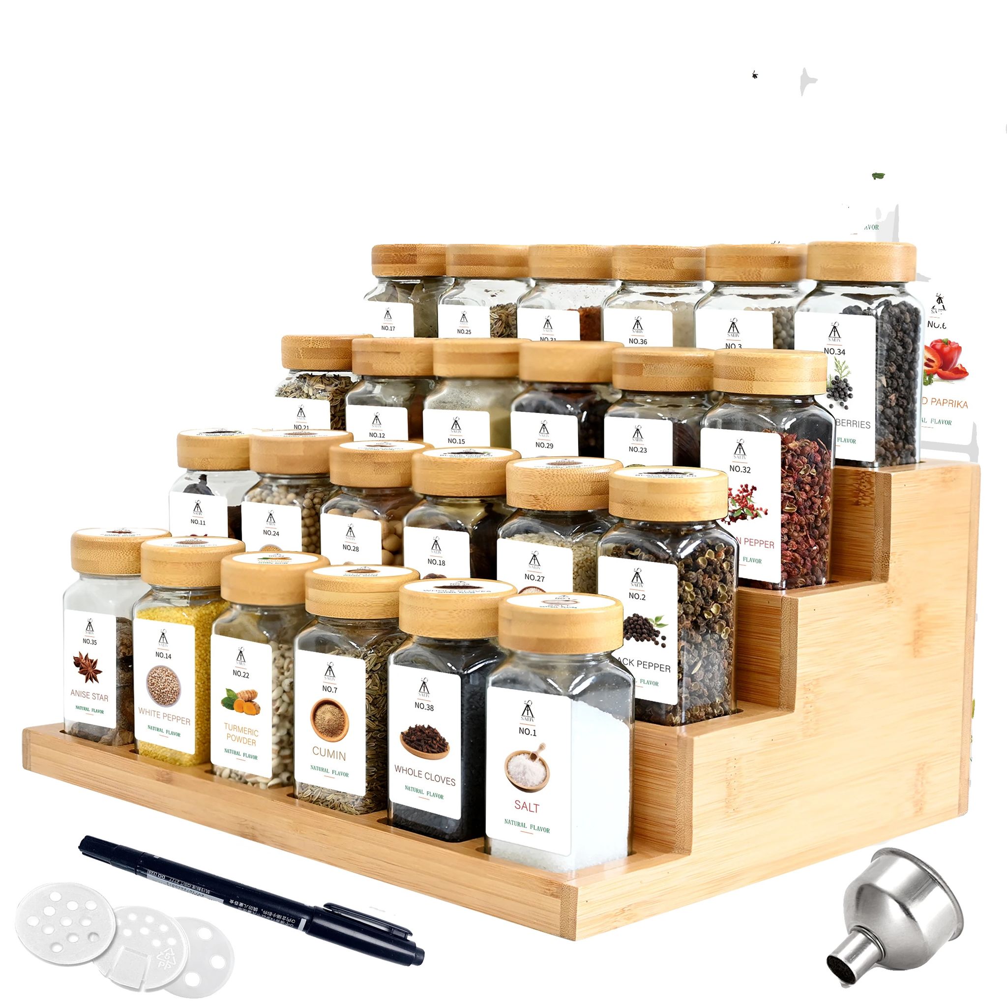 Gewürzglas-set, Umweltfreundliche Materialien, 24 Gläser Enthalten, 24 Bambus- Und Holzgewürzgläser
