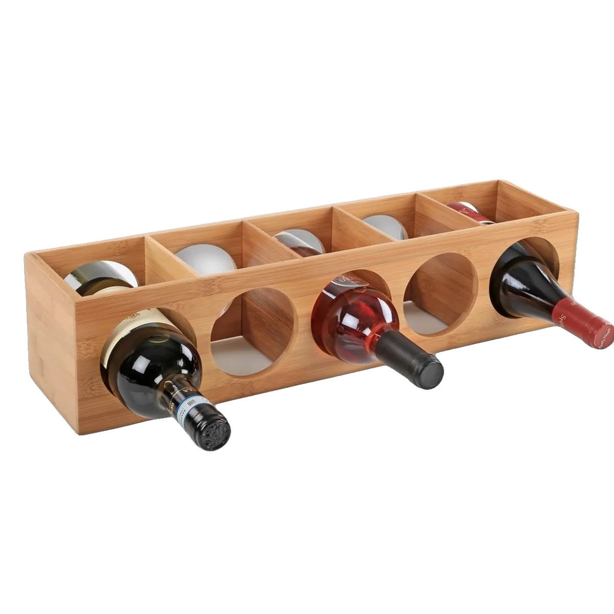 Bambus Weinregal, Hält 5 Flaschen, Modernes Design, Naturholzfarbe