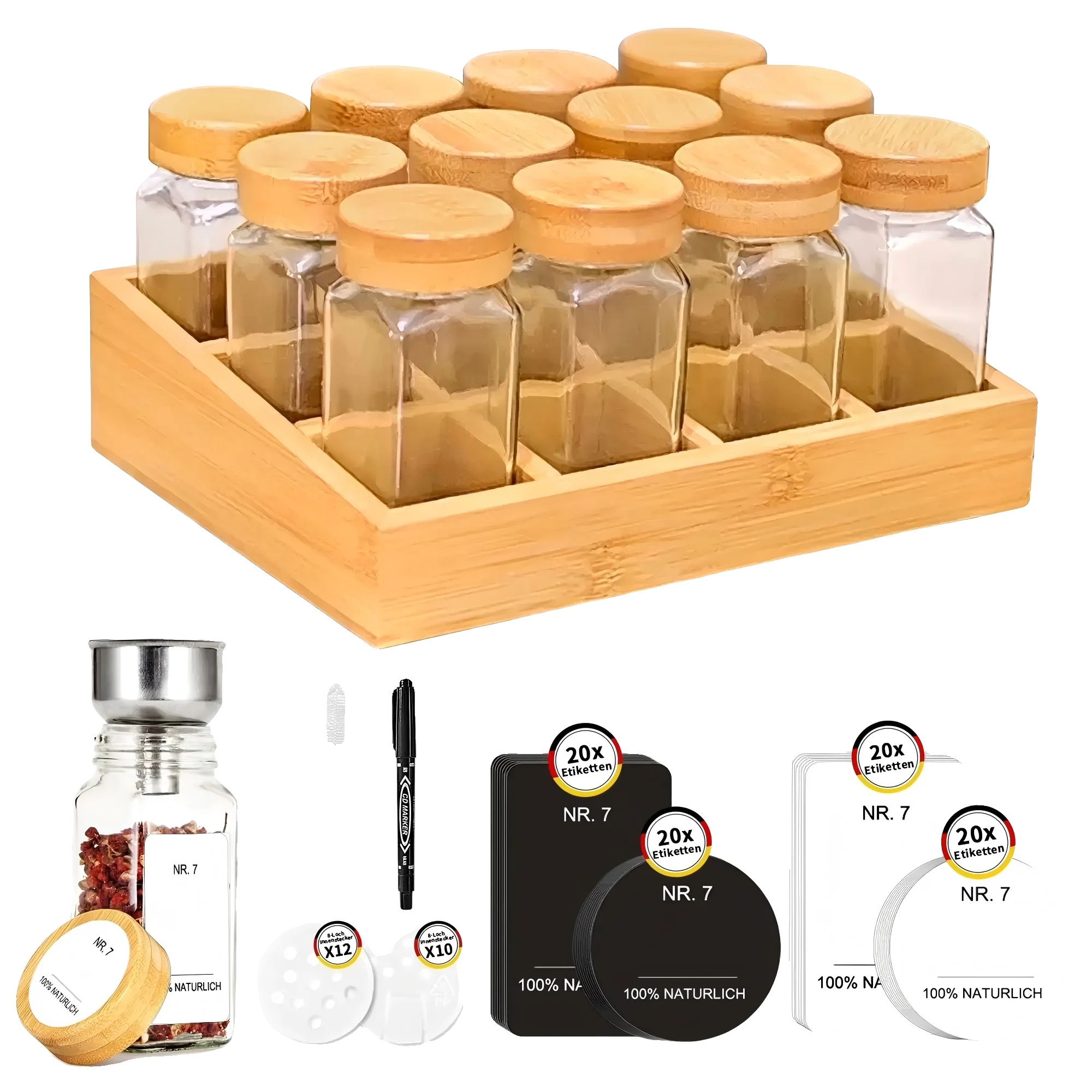 Gewürzglas-set, Bambusregal, Luftdichte Glasbehälter, 12pcs