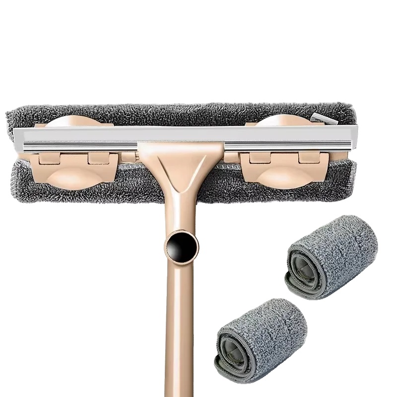 Fensterreinigungswerkzeug, Teleskopstiel, Dual-reinigungskopf, Khaki 1 Mop 3 Tuch
