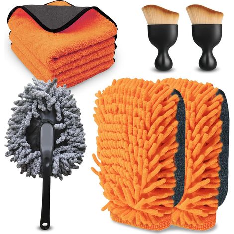 8-teiliges Autoreinigungsset: Waschtücher + Waschhandschuh + Reinigungsbürste + Staubpinsel — Komplettes Autoreinigungsset (orange)