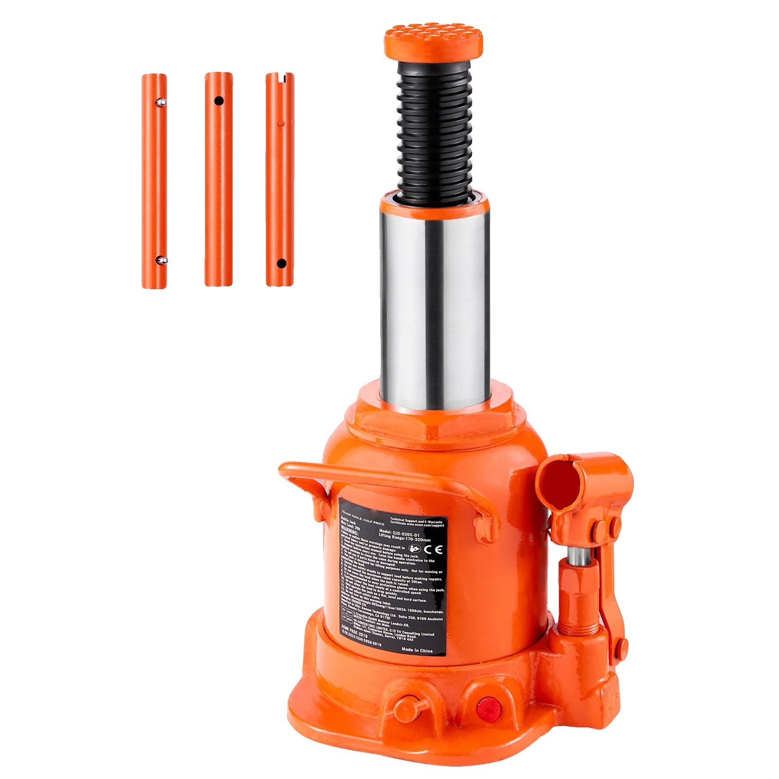 Hydraulischer Flaschenheber, 20 Tonnen Tragfähigkeit, Verstellbare Höhe 6,69-12,6 Zoll, 3-teiliger Griff, Leichtes Design, Langlebiger Geschweißter
