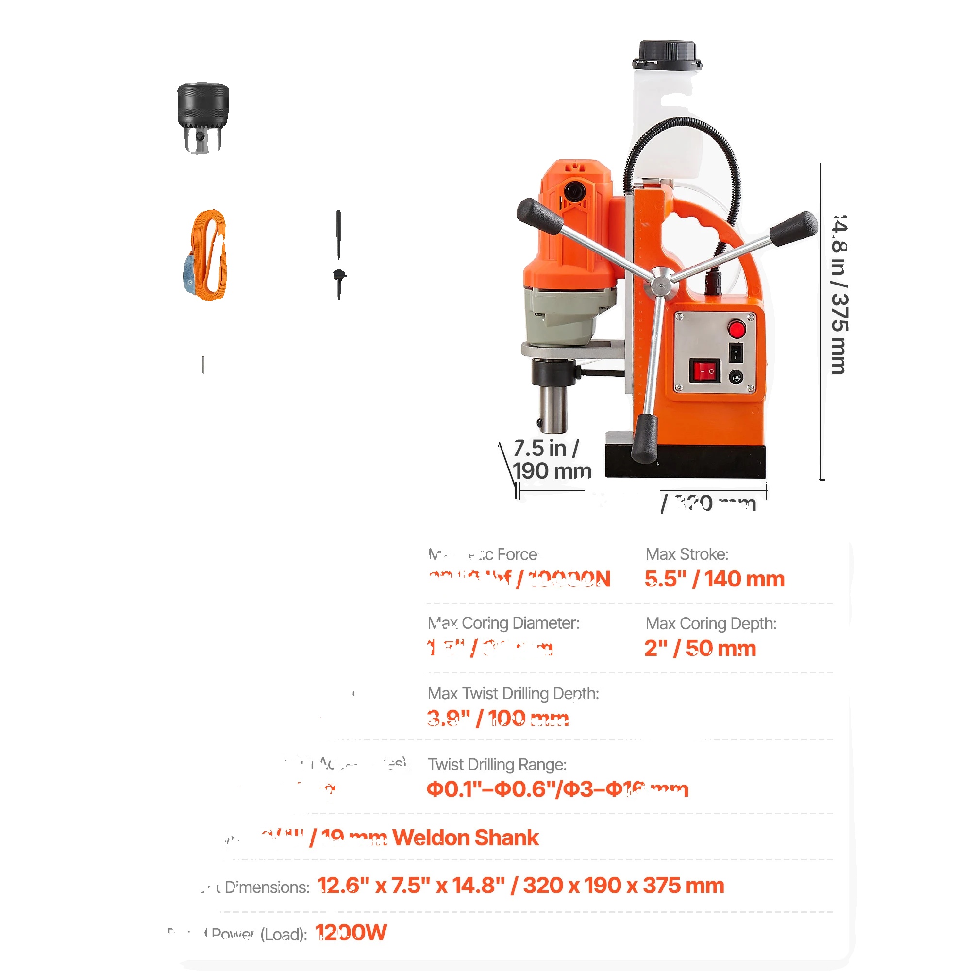 Magnetbohrmaschine, 900 U/min Geschwindigkeit, 2248 Lbf Magnetkraft, 1200w