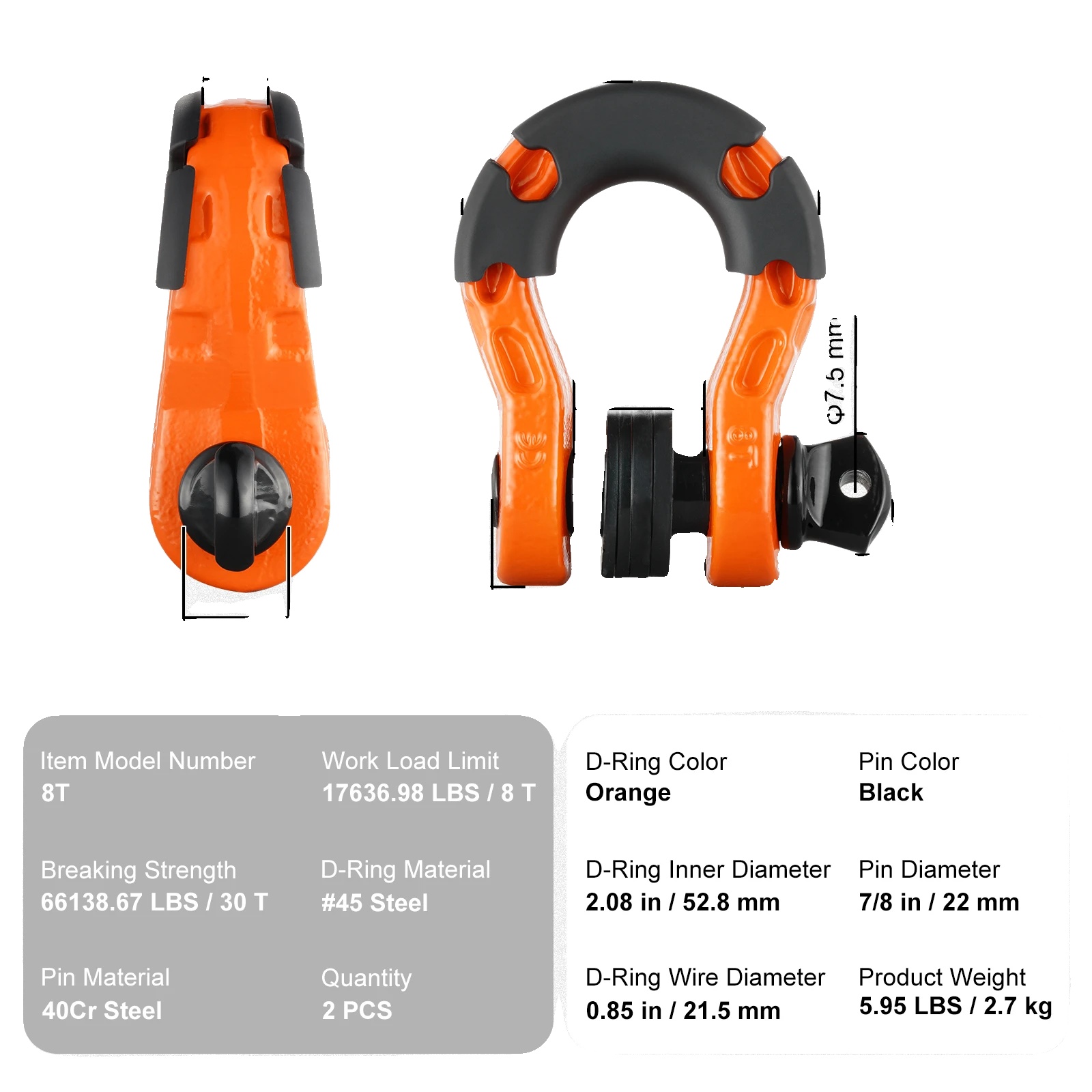 D-ring Schäkel, Schwerlaststahl, Vielseitige Fahrzeugkompatibilität, Orange