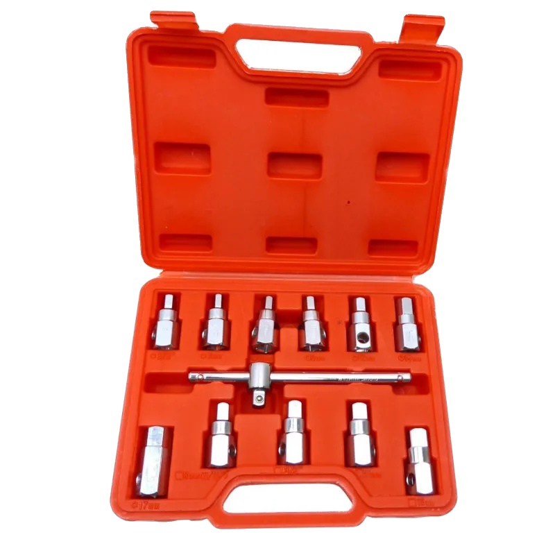 Ölablassschraubenschlüssel-set, Carbonstahlmaterial, T-bar Länge 165mm, Passt Für 3/8" Antrieb, 12 Steckdosen Größen Enthalten, Langlebiges Design
