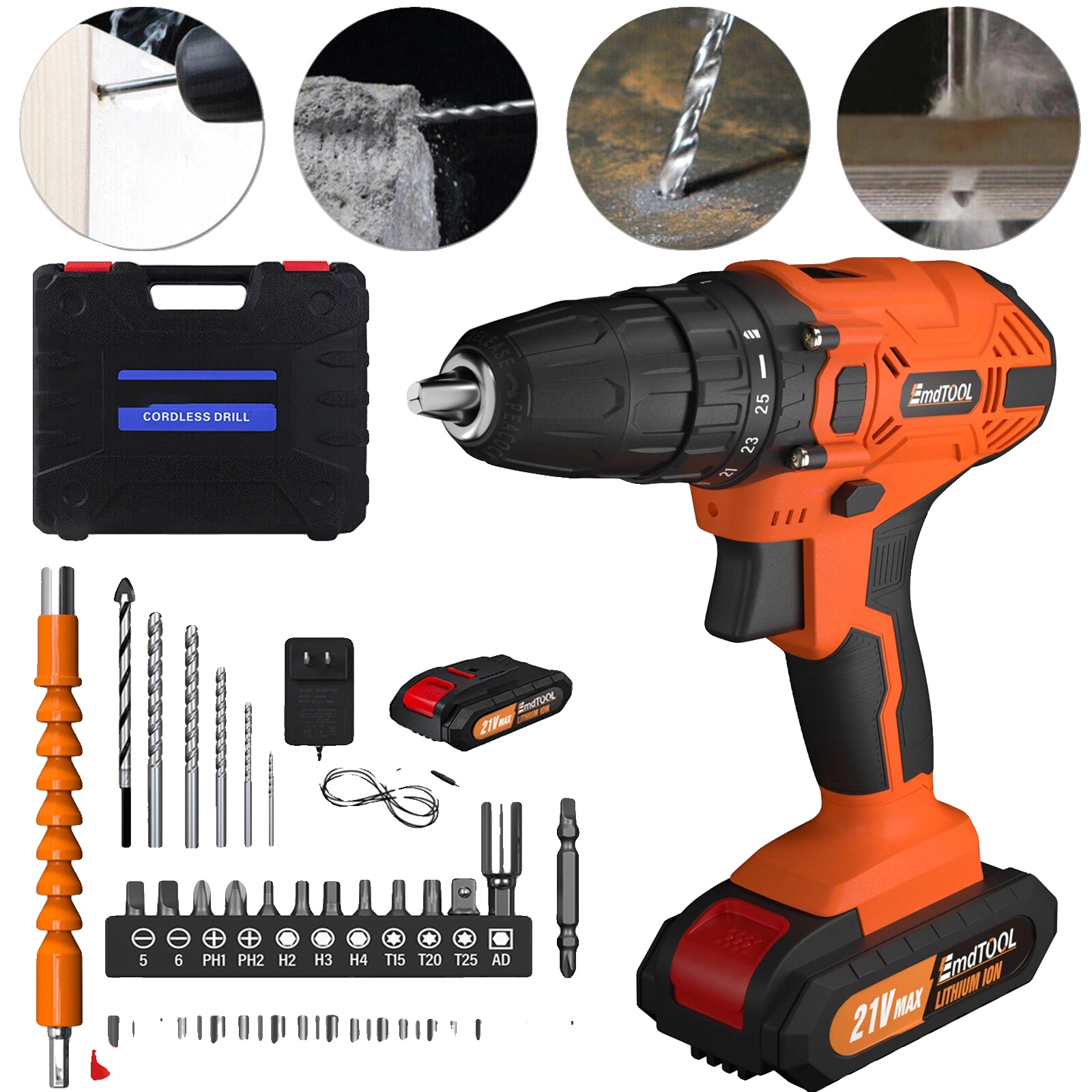 Akku-bohrschrauber, 21v Batterie, 25 + 1 Drehmomentstufen, Bohrer + 1x Batterie