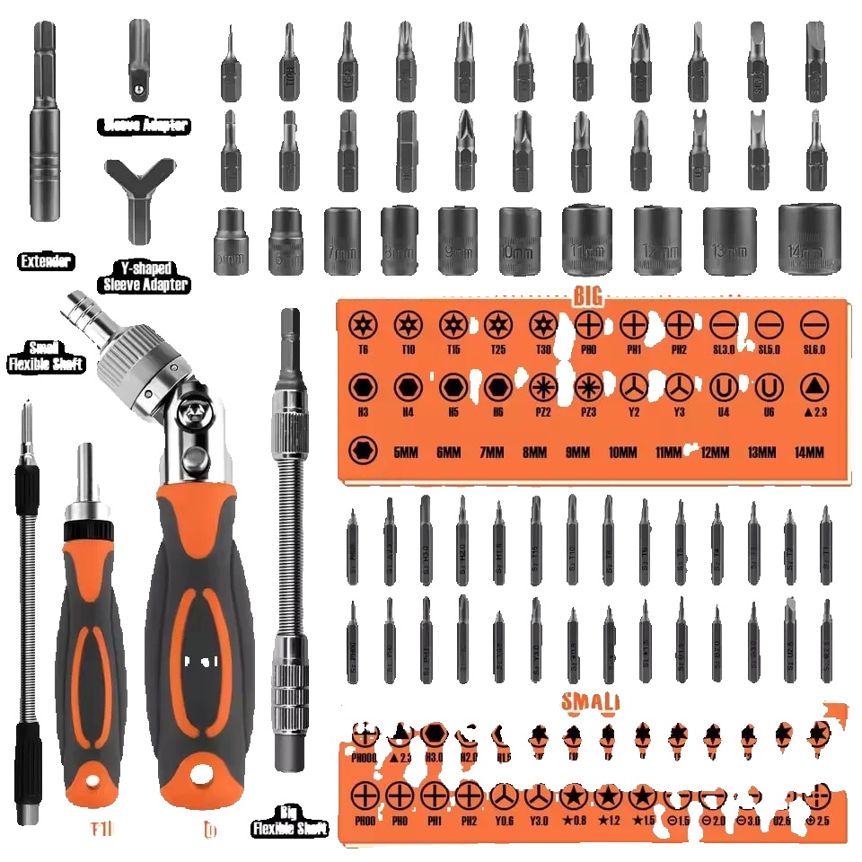 Ratschen-schraubendreher-set, 68 Bits, Magnetisch Mit Verlängerungsstange, Orange