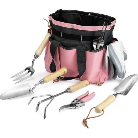 8-teiliges Rosa Gartenwerkzeugset, Robustes Edelstahl-gartenwerkzeugset Mit Holzgriff, Gartenschere, Handschuhe, Unkrautstecher, Kralle, Gabel, Erdschaufel, Pflanzkelle