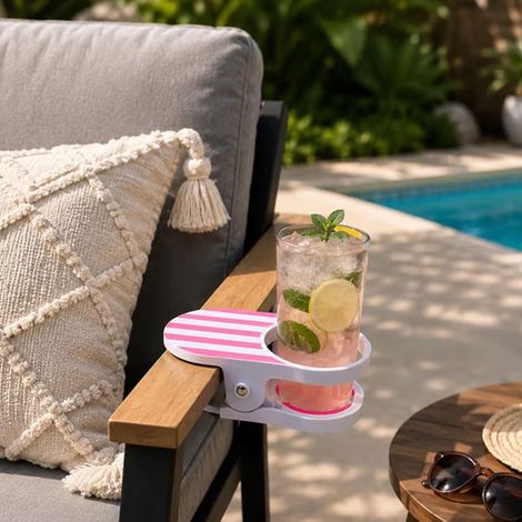 Ansteckbare Becherhalter (2 Stück) Für Strandstühle - Verstellbar - Rosa-weiß Gestreift - Rosa - Geeignet Für Pool, Balkon, Terrasse, Büro Und Kreuzfahrten