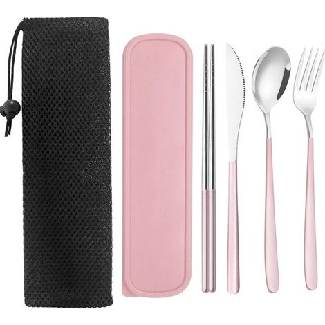 Edelstahl-besteckset Mit Etui – Tragbares Reisebesteck Fürs Mittagessen – Wiederverwendbare Gabel, Löffel, Messer Und Essstäbchen Für Büro, Schule, Reisen Usw.