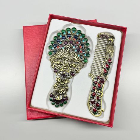 Handspiegel – Einzigartiges Kammset – Antiker Handspiegel – Antiker, Pfauenförmiger, Tragbarer Schminkspiegel – Schminktischspiegel Aus Metall – Dekorativer Kosmetikspiegel