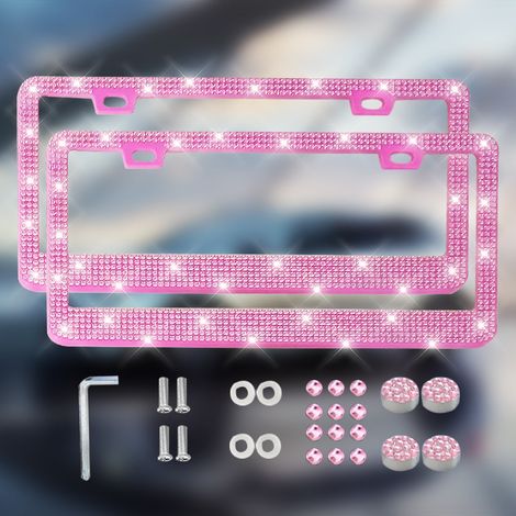 Kennzeichenhalter Für Damen, 2-teiliges Set, Handgefertigte Strasskristalle, Autozubehör Aus Edelstahl Mit Diamantglitzernder Kappe (rosa).