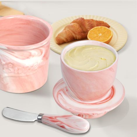 Keramik-butterdose Mit Deckel Und Spatel, Buttertopf - Ideal Zur Aufbewahrung Von Butter Und Für Die Küchenarbeitsplatte (marmoriert Mit Marmoriertem Spatel, M)