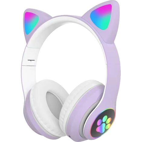 Kinderkopfhörer – Kabellose Bluetooth-kopfhörer Mit Katzenmotiv, Lila Led-katzenohren Und Leuchtendem Pfotenabdruck